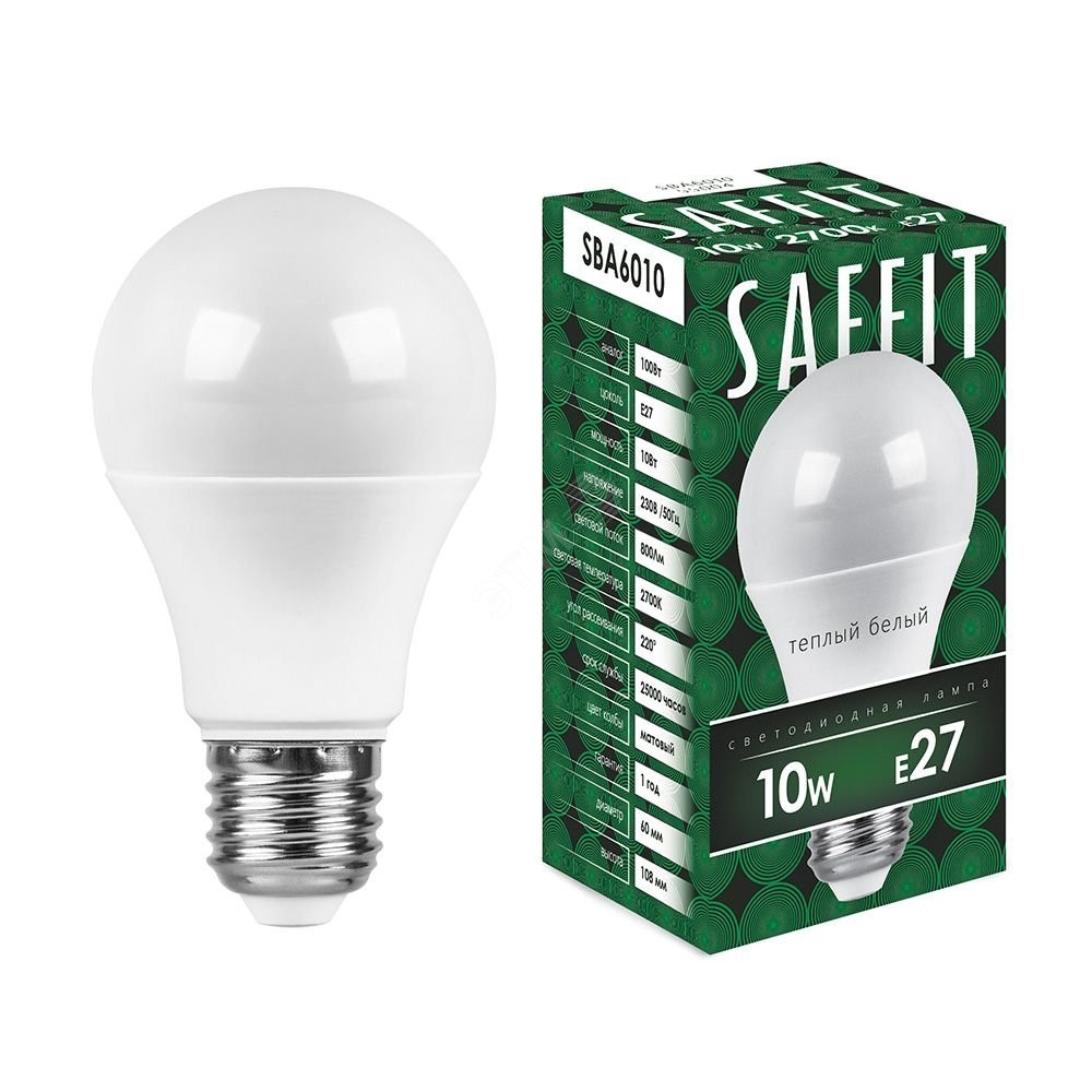 Лампа светодиодная LED 10вт Е27 теплый (SAFFIT) SBA6010 55004