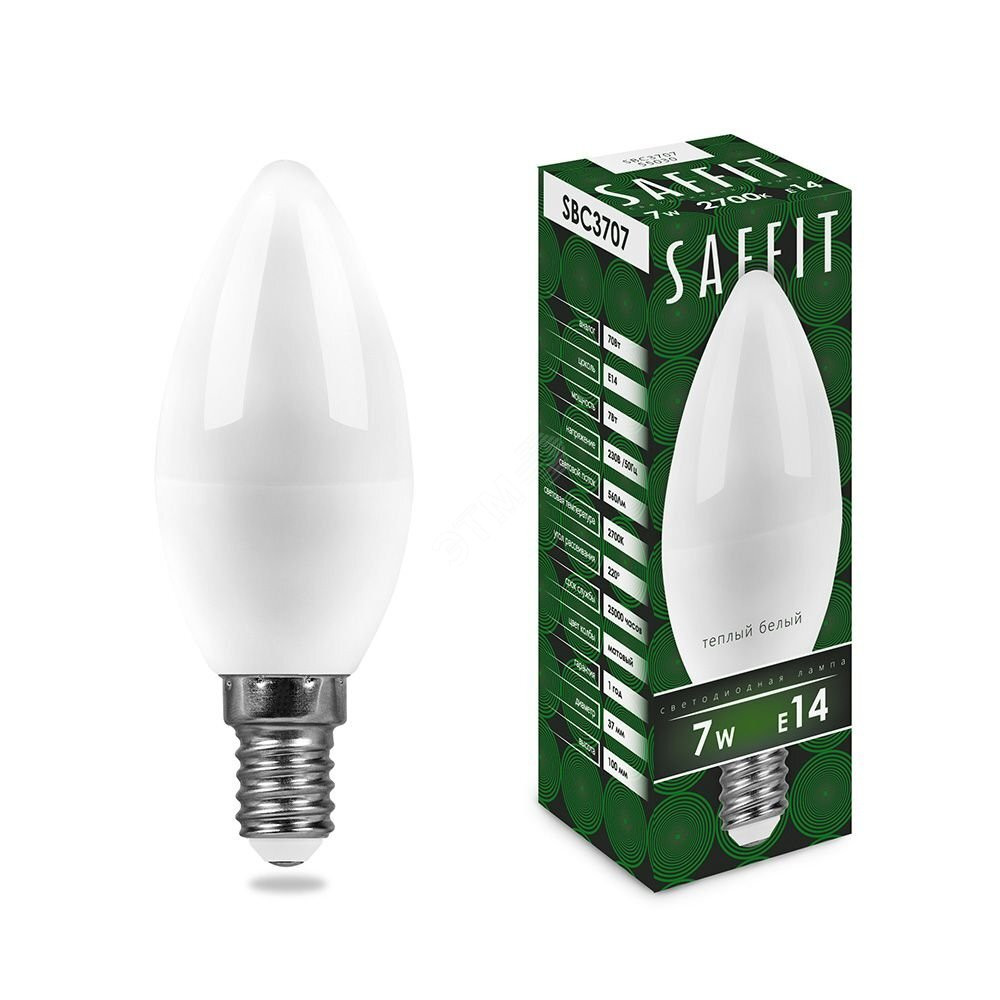 Лампа светодиодная LED 7вт E14 теплый матовая свеча (SAFFIT) SBC3707 55030