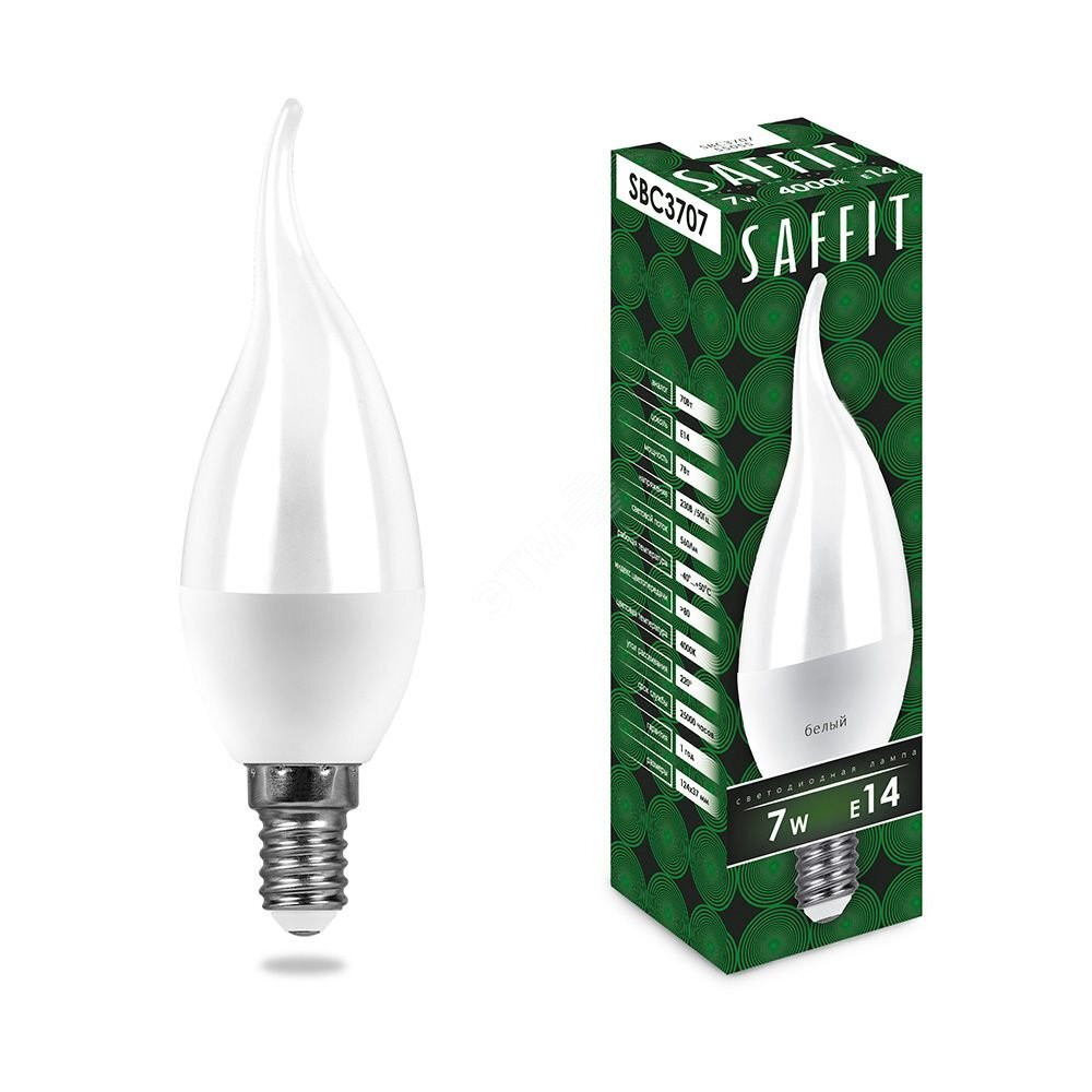 Лампа светодиодная LED 7вт Е14 белый матовая свеча на ветру (SAFFIT) SBC3707  55055