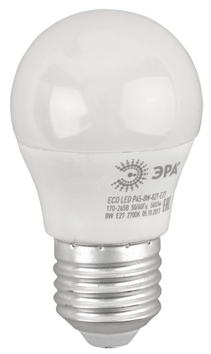 Лампа светодиодная LED 8 Вт 640Лм 2700К шар теплый E27 220-240В ECO LED P45-8W-827-E27 Red Line (ЭРА) Б0030024