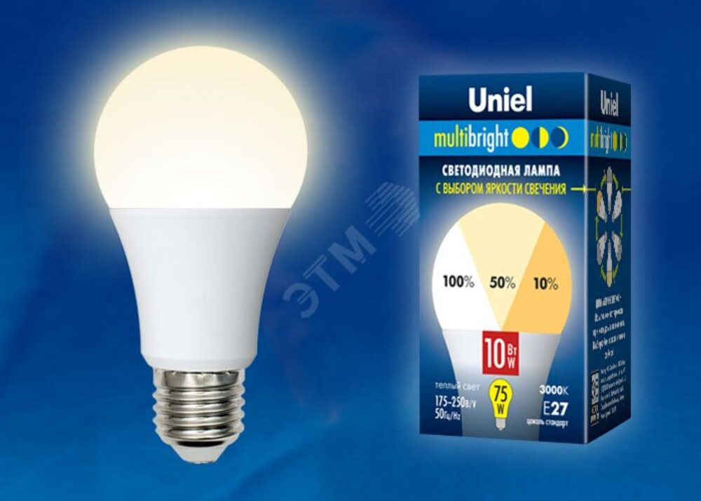 Лампа светодиодная с трехступенчатым диммером 100-50-10 LED 10вт 175-250В форма А 850Лм Е27 3000К Multibrigh (Uniel) UL-00002371