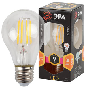 Лампа светодиодная декоративная LED 9 Вт 1170Лм 2700К груша, филамент теплый E27 230В F-LED A60-9W-827-E27 (ЭРА) Б0043433
