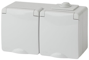 Розетка 2х2P+E гориз. IP65, шторки, 16A-250В, ОУ, Эра Эксперт, серый, 11-2604-03 (ЭРА) Б0035992
