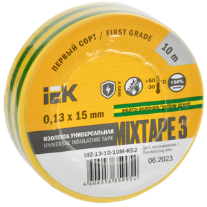 Изолента ПВХ желто-зеленая 15мм 10м (IEK) UIZ-13-10-10M-K52
