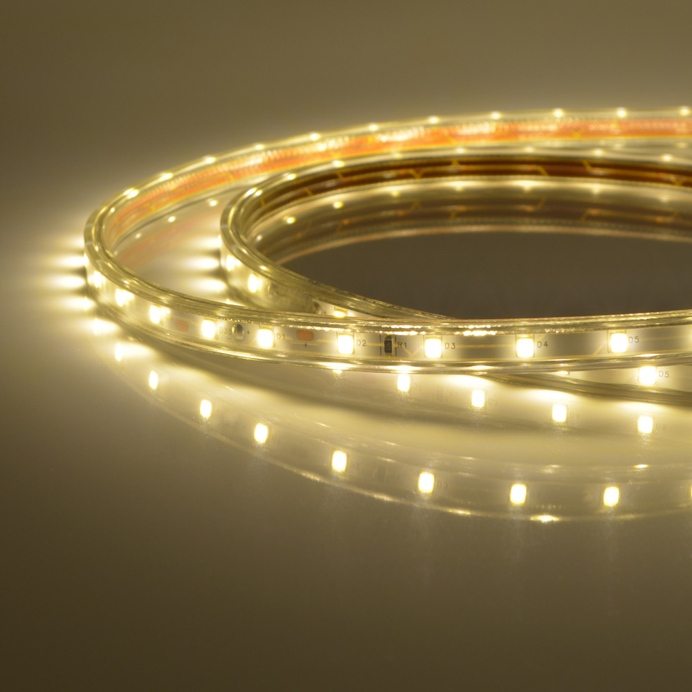Лента светодиодная гибкая герметичная ULS-Q325 2835-60LED/m-10mm-IP67-220V-6W/m-50M-WW В ПВХ трубке. Упаковка - бобина 50 м. IP67. Угол излучения 120. Кратность резки 1 м. Теплый белый свет. (Uniel) ULS-Q325-0002