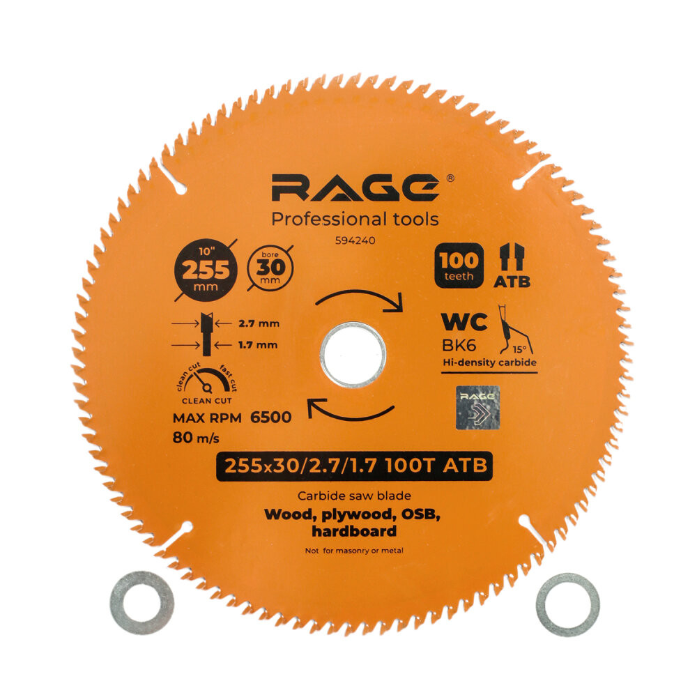 Диск пильный чистый 255 мм 100 зубьев посадка 30 мм + кольцо 25.4 мм 20 мм 16 мм (Rage) 594240