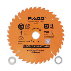 Диск пильный универсальный 216 мм 40 зубьев посадка 30 мм + кольцо 25.4 мм 20 мм 16 мм (Rage) 594235