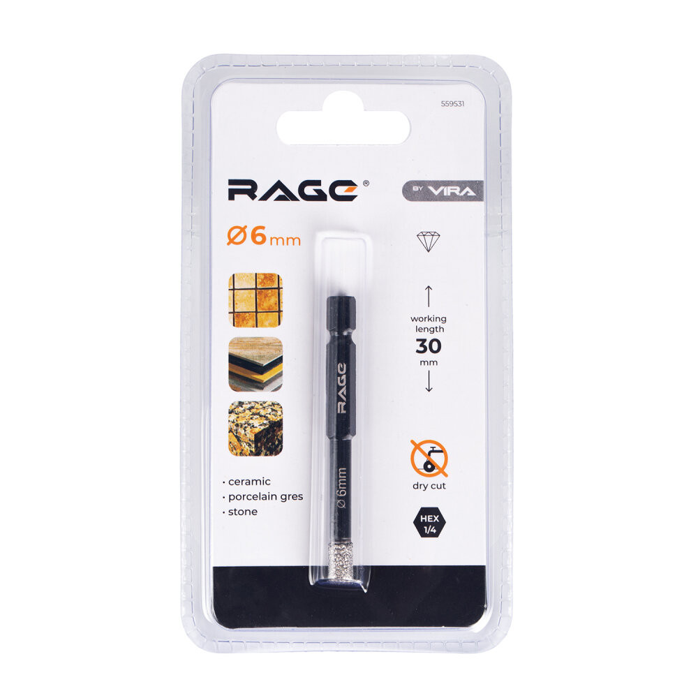 Сверло алмазное по керамограниту 6 мм с шестигранным хвостовиком (Rage) 559531