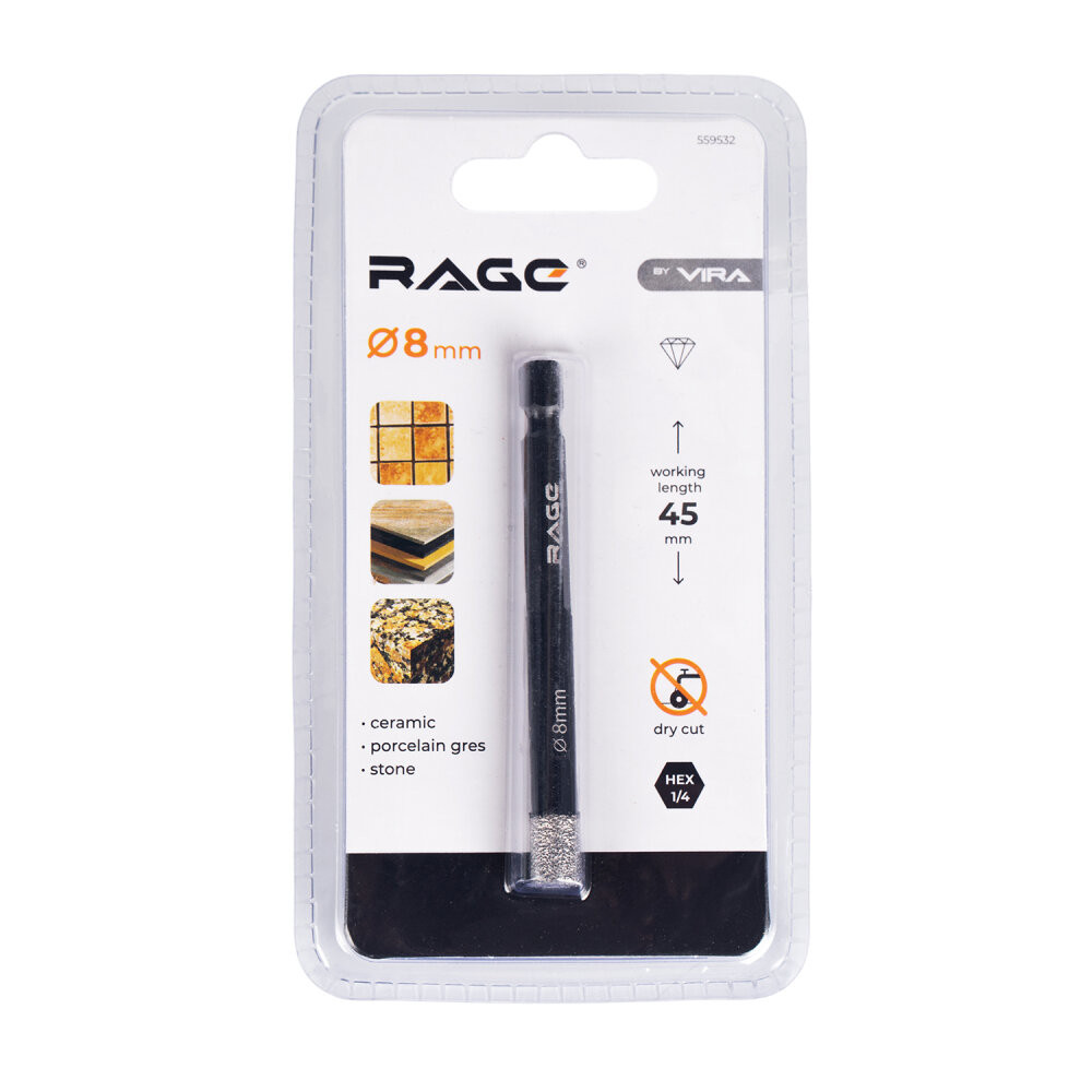 Сверло алмазное по керамограниту 8 мм с шестигранным хвостовиком (Rage) 559532