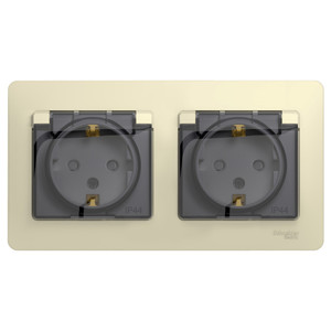 Розетка GLOSSA двойная с заземлением со шторками в сборе IP44 бежевый (Systeme Electric) GSL000247
