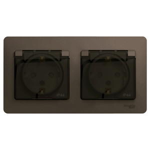 Розетка GLOSSA двойная с заземлением со шторками в сборе IP44 шоколад (Systeme Electric) GSL000847