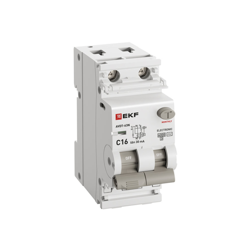 Автоматический выключатель дифференциального тока АВДТ-63N 1P+N 16А (C) 30мА (AC) эл 6кА PROXIMA (EKF) D63N26E16C30