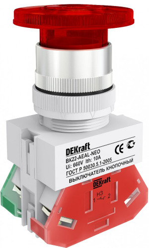 Кнопка красная с фиксацией AEAL-22 Гриб с подсветкой неон 220В ВK-22 (Dekraft) 25034DEK
