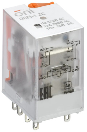 Реле интерфейсное ORM 2C 220В AC со светодиодом и тестовой кнопкой (ONI) ORM-1-2C-AC220V-L-B
