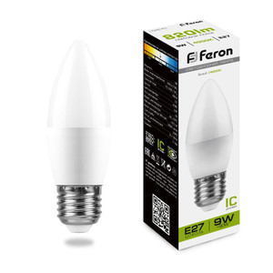 Лампа светодиодная LED 9вт Е27 белый матовая свеча (FERON) LB-570 25937