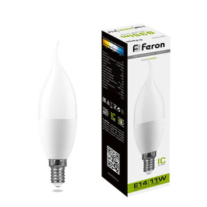 Лампа светодиодная LED 11вт Е14 белый матовая свеча на ветру (FERON) LB-770 25490