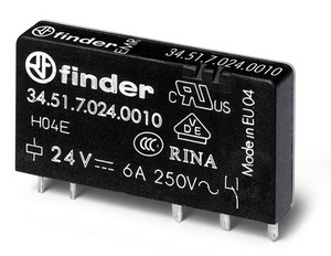 Реле ультратонкое электромеханическое, монтаж на печатную плату, 1CO 6A, контакты AgNi, катушка 24В DC (чувствит.), степень защиты RTII (FINDER) 34.51.7.024.0010