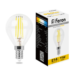 Лампа светодиодная LED 11вт Е14 теплый шар FILAMENT (FERON) LB-511 38013