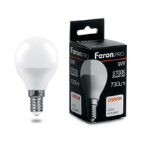 Лампа светодиодная LED 9вт Е14 теплый матовый шар .PRO (FERON) LB-1409 38077