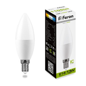 Лампа светодиодная LED 13вт E14 белый матовая свеча (FERON) LB-970 38108