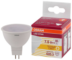 Лампа светодиодная LED 7.5Вт GU5.3 MR16 110° (замена 80Вт) тепло-бел, OSRAM (LEDVANCE) 4058075229068