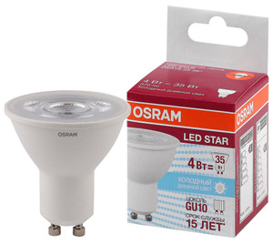 Лампа светодиодная LED 4Вт GU10 6500К 370лм 230V CL PAR16 (замена 35Вт) OSRAM LS (LEDVANCE) 4058075481404