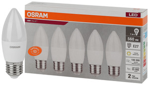 Лампа светодиодная LED 7 Вт E27 3000К 560Лм свеча 220 В (замена 60Вт) OSRAM (LEDVANCE) 4058075578012
