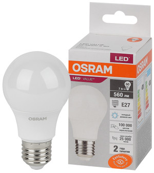 Лампа светодиодная груша LED 7 Вт E27 6500К 560Лм 220 В (замена 60Вт) OSRAM (LEDVANCE) 4058075578791