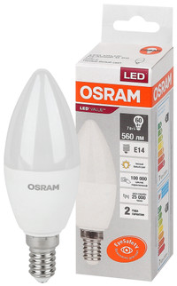 Лампа светодиодная LED 7 Вт E14 3000К 560Лм свеча 220 В (замена 60Вт) OSRAM (LEDVANCE) 4058075578883