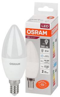 Лампа светодиодная LED 7 Вт E14 6500К 560Лм свеча 220 В (замена 60Вт) OSRAM (LEDVANCE) 4058075579033