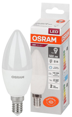 Лампа светодиодная LED 7 Вт E14 6500К 560Лм свеча 220 В (замена 60Вт) OSRAM (LEDVANCE) 4058075579033