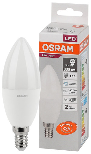 Лампа светодиодная свеча LED 10 Вт E14 6500К 800Лм 220 В (замена 75Вт) OSRAM (LEDVANCE) 4058075579262