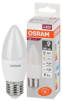 Лампа светодиодная LED 7 Вт E27 3000К 560Лм свеча 220 В (замена 60Вт) OSRAM (LEDVANCE) 4058075579446