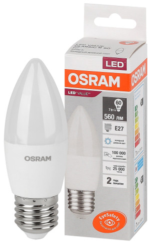 Лампа светодиодная LED 7 Вт E27 6500К 560Лм свеча 220 В (замена 60Вт) OSRAM (LEDVANCE) 4058075579507