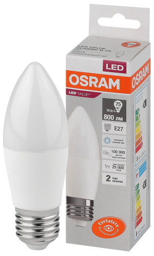 Лампа светодиодная свеча LED 10 Вт E27 6500К 800Лм 220 В (замена 75Вт) OSRAM (LEDVANCE) 4058075579590