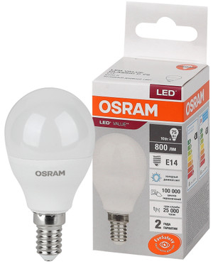 Лампа светодиодная LED 10 Вт E14 6500К 800Лм шарик 220 В (замена 75Вт) OSRAM (LEDVANCE) 4058075579774