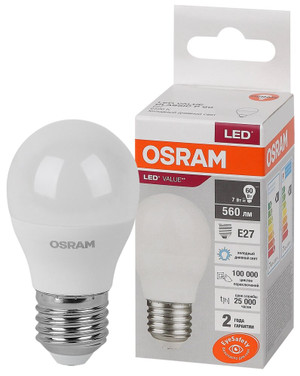 Лампа светодиодная LED 7 Вт E27 6500К 560Лм шарик 220 В (замена 60Вт) OSRAM (LEDVANCE) 4058075579866