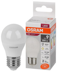 Лампа светодиодная LED 10 Вт E27 3000К 800Лм шарик 220 В (замена 75Вт) OSRAM (LEDVANCE) 4058075579897