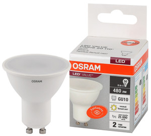 Лампа светодиодная LED 6 Вт GU10 3000К 480Лм спот 220 В (замена 50Вт) OSRAM (LEDVANCE) 4058075581449