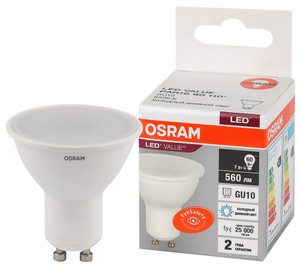 Лампа светодиодная LED 7 Вт GU10 6500К 560Лм спот 220 В (замена 60Вт) OSRAM (LEDVANCE) 4058075581616
