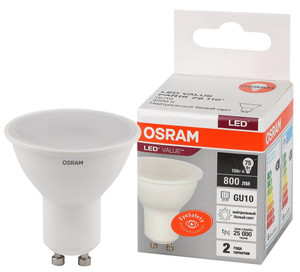 Лампа светодиодная LED 10 Вт GU10 4000К 800Лм спот 220 В (замена 75Вт) OSRAM (LEDVANCE) 4058075581807