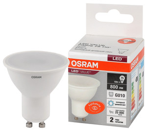 Лампа светодиодная LED 10 Вт GU10 6500К 800Лм спот 220 В (замена 75Вт) OSRAM (LEDVANCE) 4058075581869