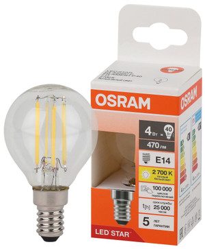 Лампа светодиодная филаментная LED Star Шарообразная 4Вт (замена 40Вт), 480Лм, 2700К, цоколь E14 OSRAM (LEDVANCE) 4058075684331