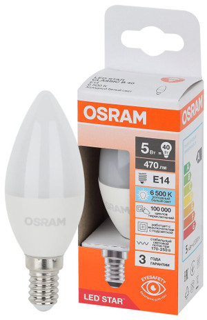 Лампа светодиодная LED Star Свеча 5Вт (замена 40Вт), 470Лм, 6500К, цоколь E14 OSRAM (LEDVANCE) 4058075696112