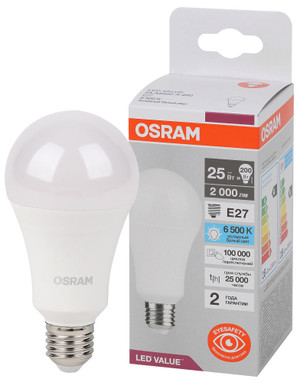 Лампа светодиодная LED Value Грушевидная 25Вт (замена 200Вт), 2000Лм, 6500К, цоколь E27 OSRAM (LEDVANCE) 4058075696471