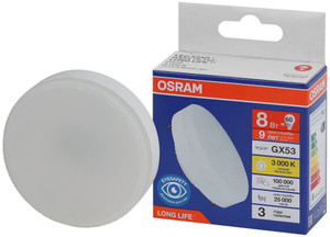 Лампа светодиодная LED 8Вт GX53 3000К 640Лм спот 220В (замена 60Вт) OSRAM (LEDVANCE) 4099854185694