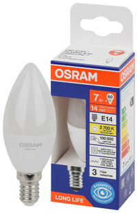 Лампа светодиодная LED 7Вт Е14 2700К 600Лм свеча 220В (замена 60Вт) OSRAM (LEDVANCE) 4099854186240