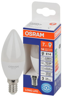Лампа светодиодная LED 7Вт Е14 4000К 600Лм свеча 220В (замена 60Вт) OSRAM (LEDVANCE) 4099854186271