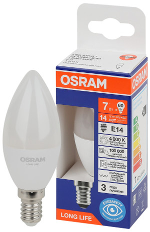 Лампа светодиодная свеча LED 7Вт Е14 4000К 600Лм 170-250В (замена 60Вт) OSRAM (LEDVANCE) 4099854186271