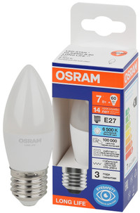Лампа светодиодная LED 7Вт Е27 6500К 600Лм свеча 220В (замена 60Вт) OSRAM (LEDVANCE) 4099854186394